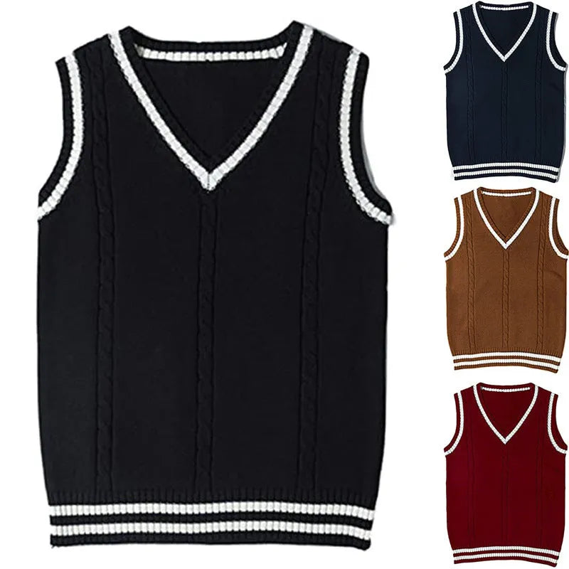 Women's slim fit acrylic knitted sweater with V-neck waistcoat style and striped stitching detail in dark blue colour