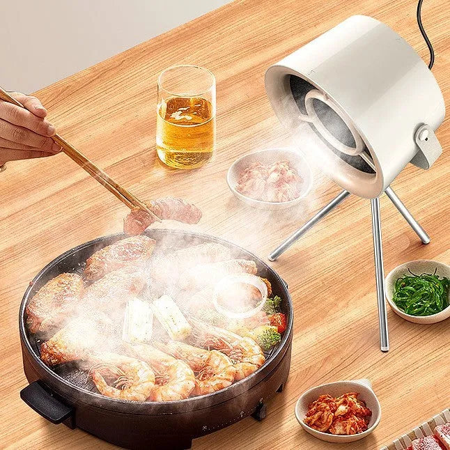 Milky white portable desktop exhaust fan with tripod stand and removable filter for kitchen smoke extraction