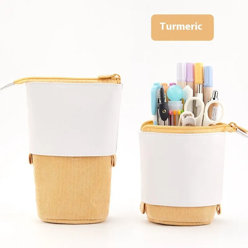 Korean-style telescopic stationery case in corduroy fabric showing expandable design