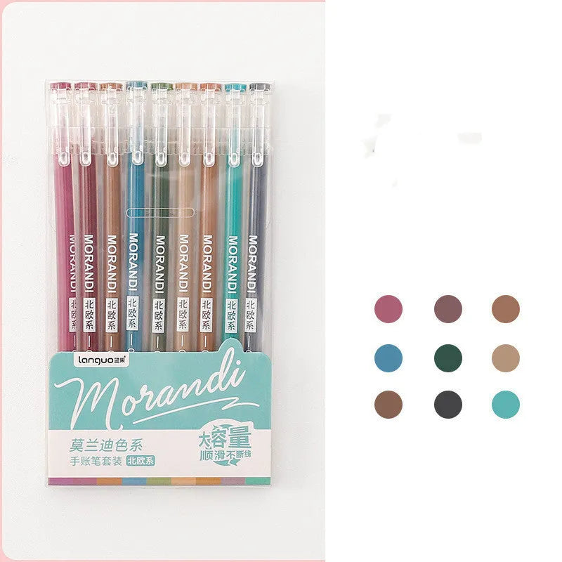 Set of nine retro colour gel pens with 0.5mm tips in a plastic storage case