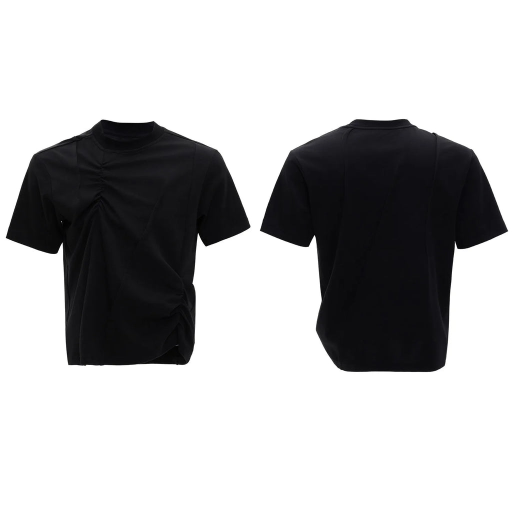 Men's pleated cotton T-shirt in loose fit with round neck and short sleeves