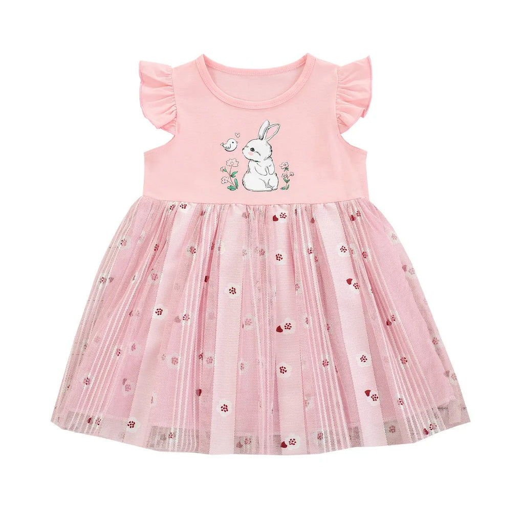 Pink cotton girls princess dress with cartoon rabbit print and mesh overlay on plain background