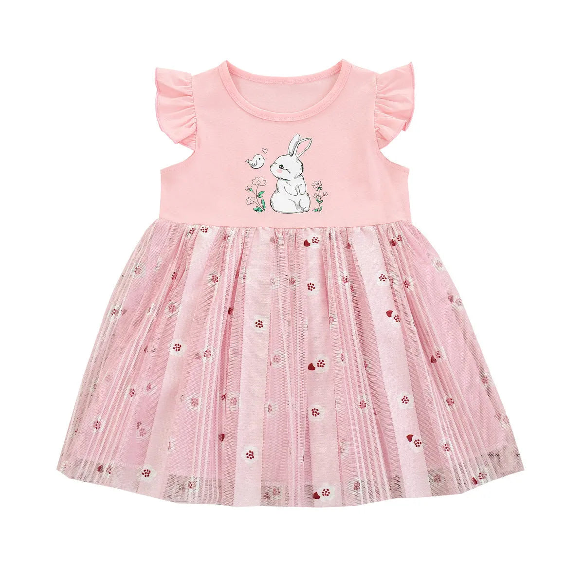 Pink cotton girls princess dress with cartoon rabbit print and mesh overlay on plain background