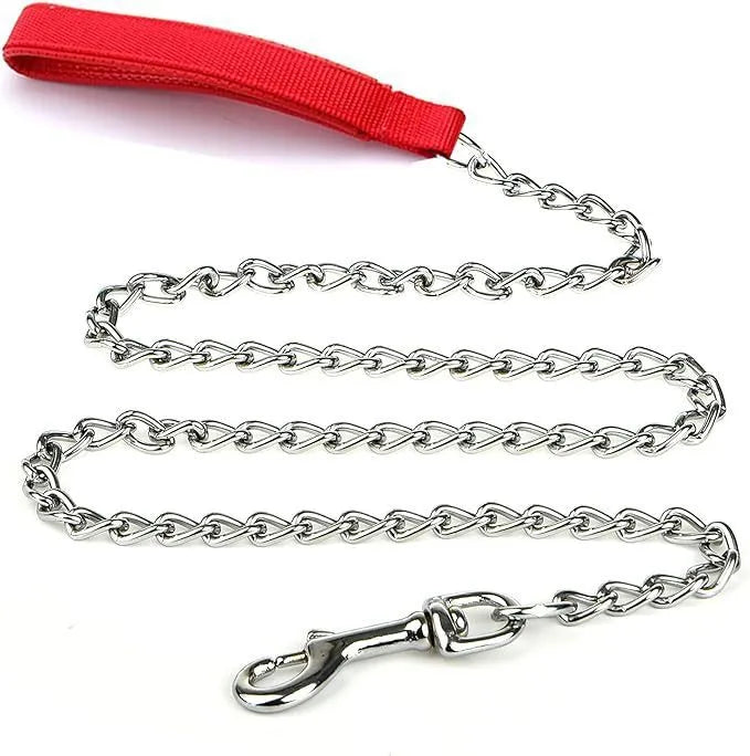 Heavy duty metal dog leash with soft black padded handle and silver chain, shown in red colour variant.