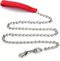 Heavy duty metal dog leash with soft black padded handle and silver chain, shown in red colour variant.