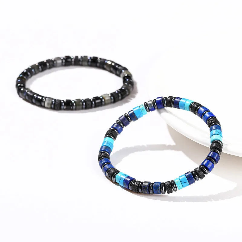 Natural volcanic rock haematite spacer bead bracelet with 6mm geometry beads in blue or grey colour options
