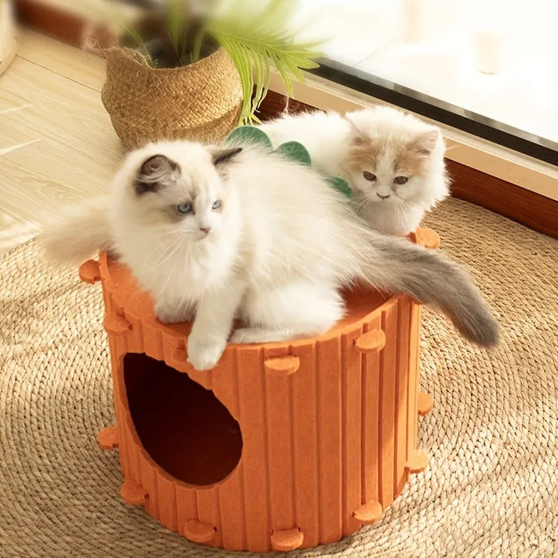 Carrot colour felt cat tunnel nest with semi-enclosed design showing drilled ventilation pattern