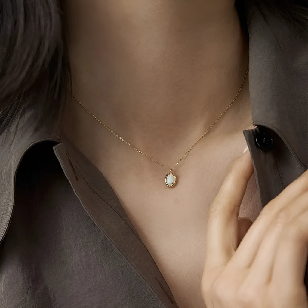 S925 silver geometric opal pendant necklace with oval design in gold or white gold colour options