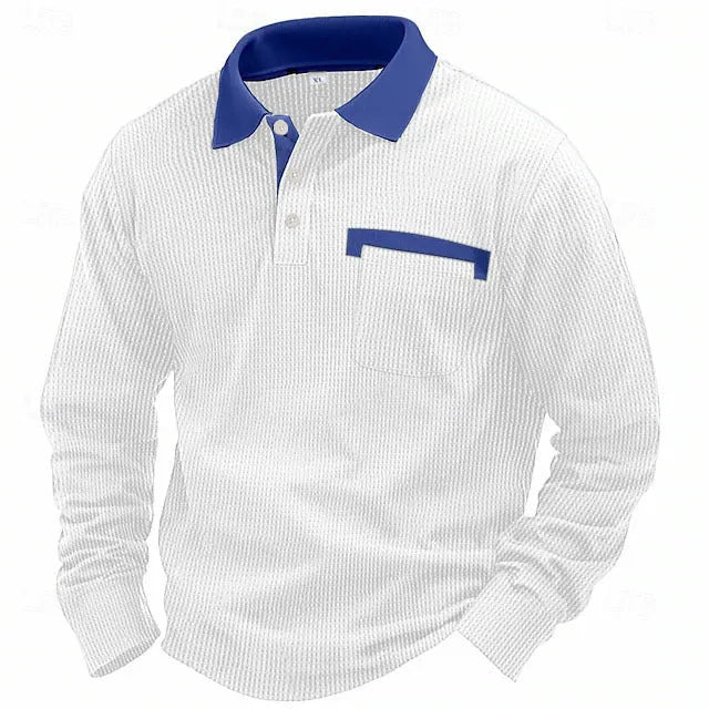 Man wearing a long-sleeved waffle-textured polo shirt in a loose fit, shown in a dark colour.