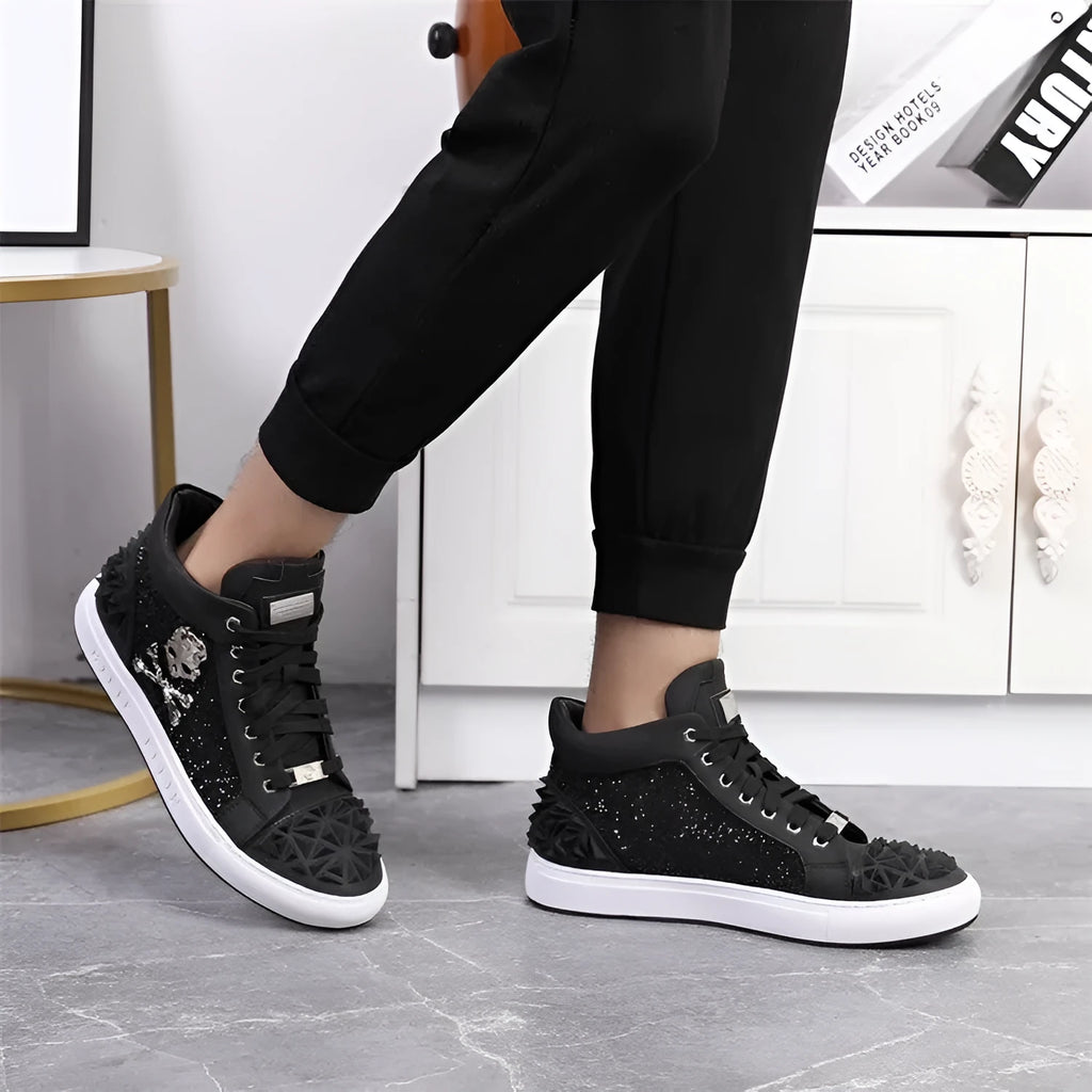 Men's black and red genuine leather high-top skeleton shoes with a lace-up front and rubber sole.