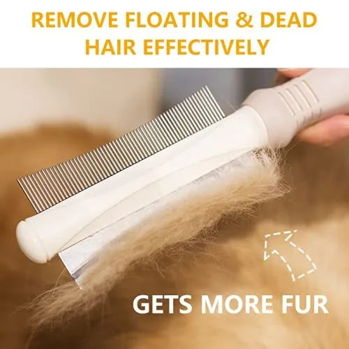 White dual-sided pet grooming brush with curved comb and deshedding blade on a grey handle.