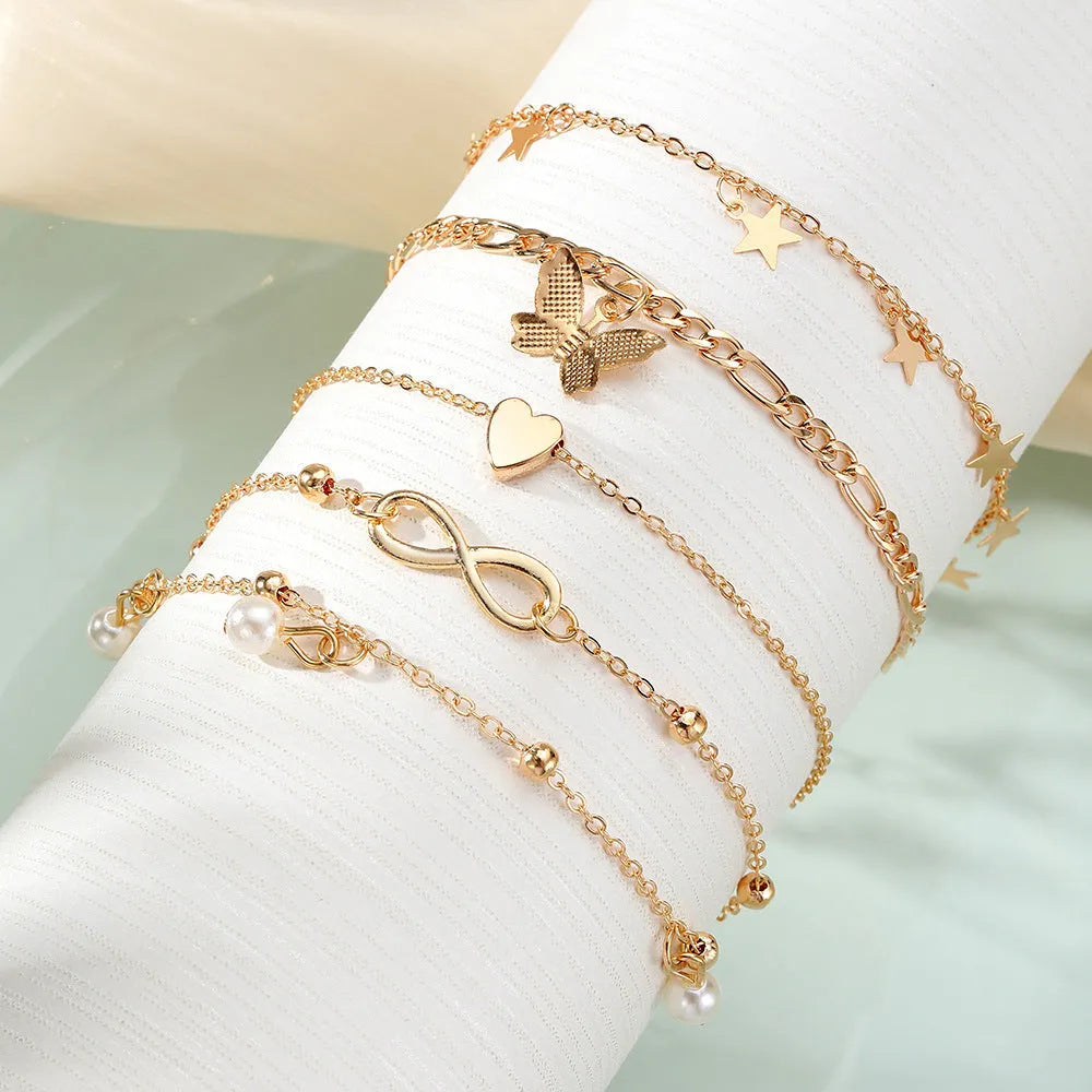 Butterfly Pearl Heart anklet set of 4 multi-layer alloy foot chain women's simple style