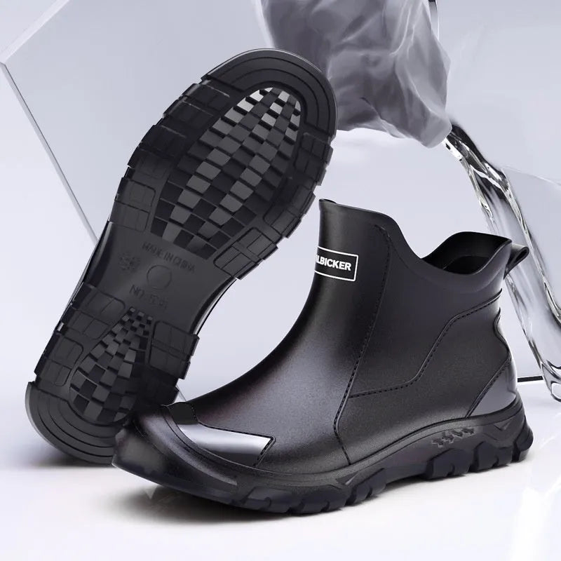 Short tube PVC rain boot in black and red with round toe and flat non-slip sole.