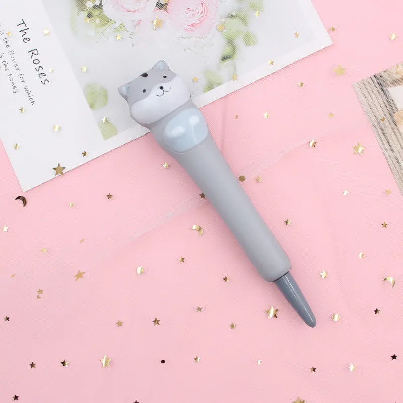Apple-compatible vent pen with 0.5mm gel tip showing cartoon design options including dinosaur and kitten patterns