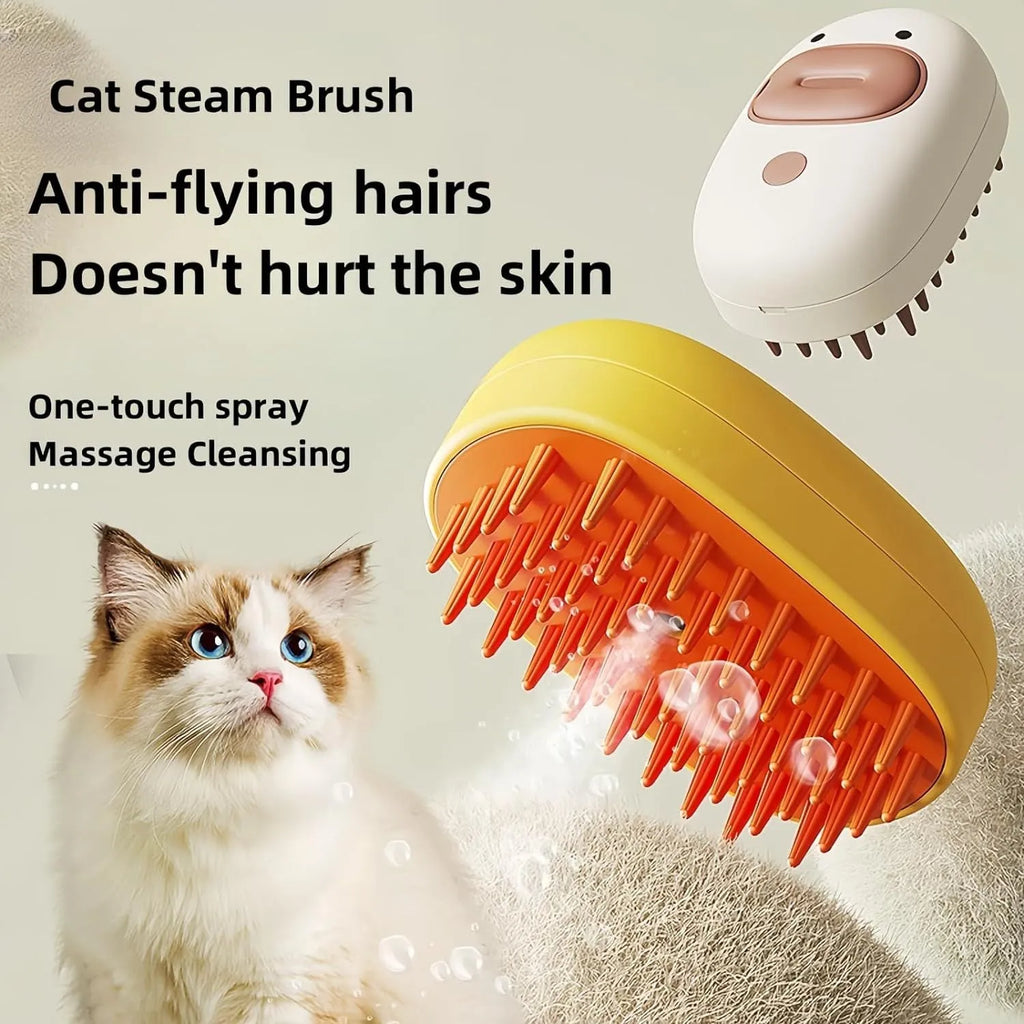 White or yellow rechargeable steam pet brush for grooming dogs and cats