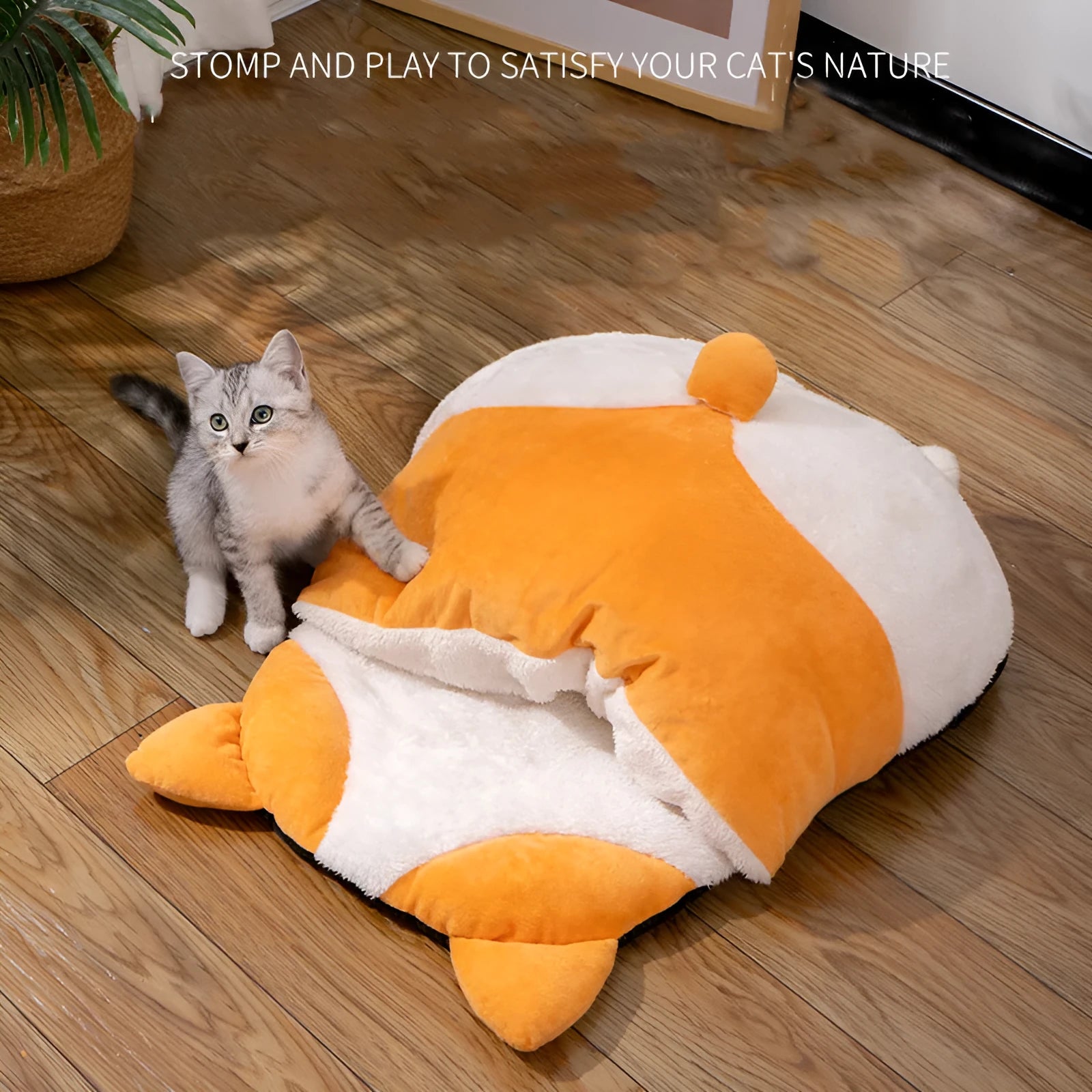 Orange semi-closed cat sleeping bag bed with integrated mat, 65cm long.