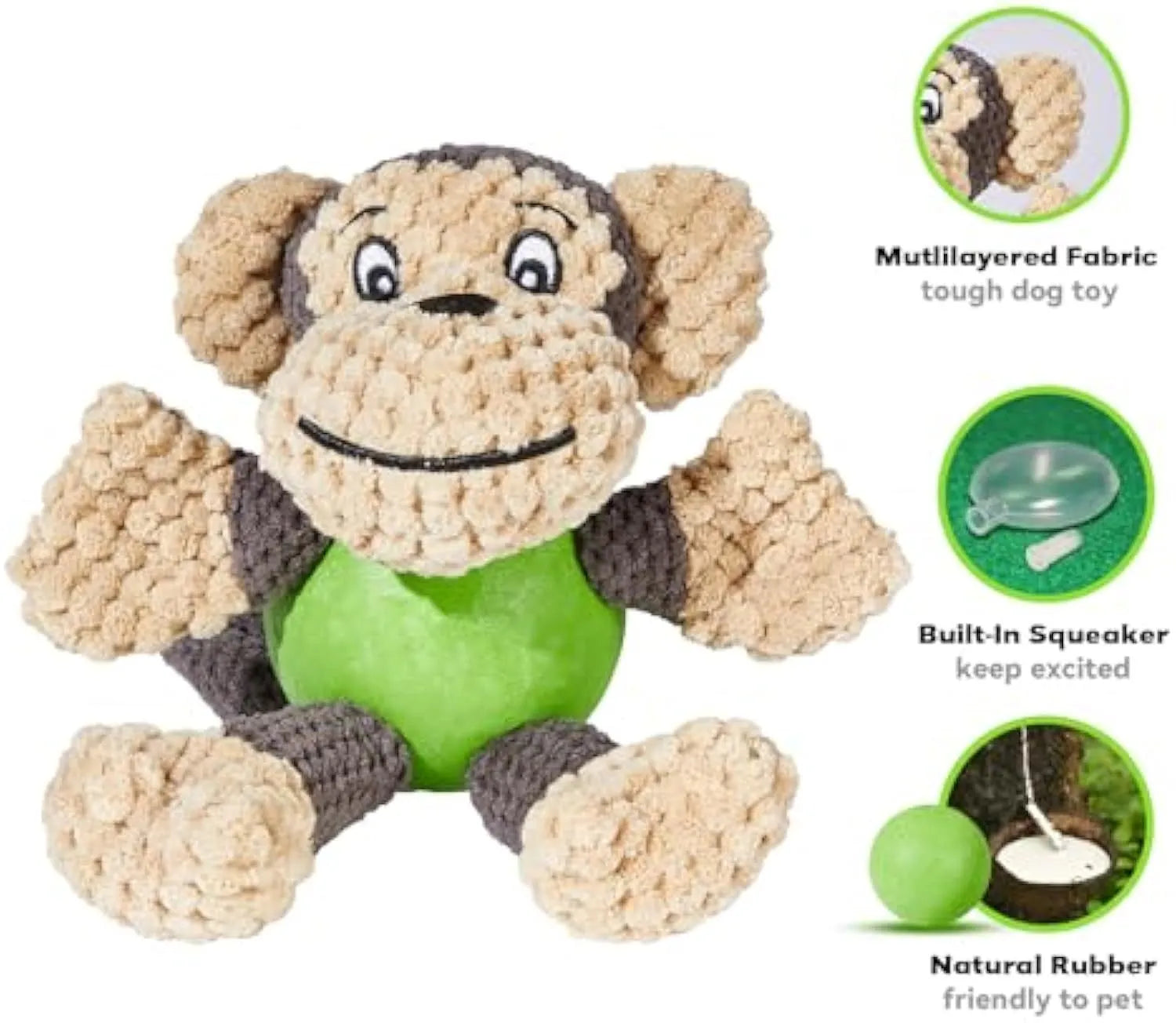 Cartoon monkey plush dog toy with four legs and two ears for small medium dogs