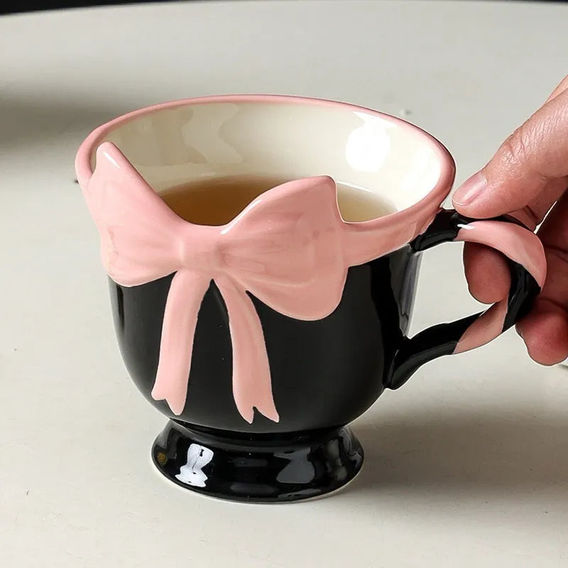 Ceramic heart bow mug in black pink colour with 350ml capacity