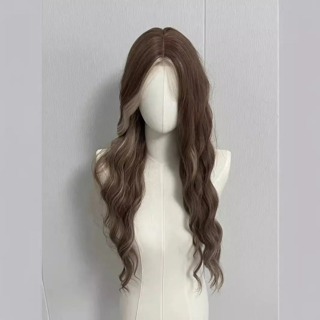 Long curly synthetic wig with grey golden highlights and straight lace front design