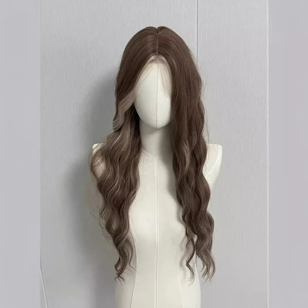 Long curly synthetic wig with grey golden highlights and straight lace front design