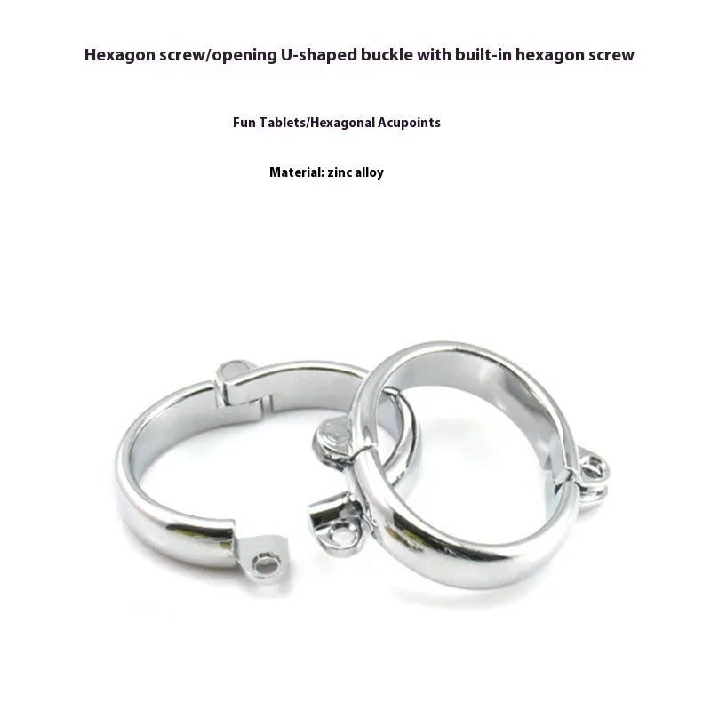 Polished silver handcuffs and footcuffs set with stainless steel components for adult role play accessories