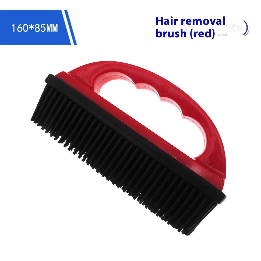 Red handled pet hair removal brush for grooming and cleaning carpets, measuring 160mm by 85mm.
