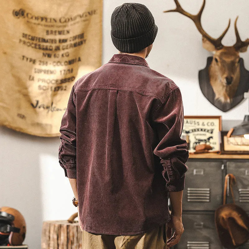 Men's black retro corduroy loose-fit casual shirt with long sleeves