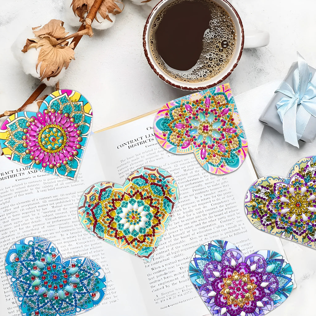 Set of six handmade PU leather cornerite bookmarks with stick-on crystal flower designs.