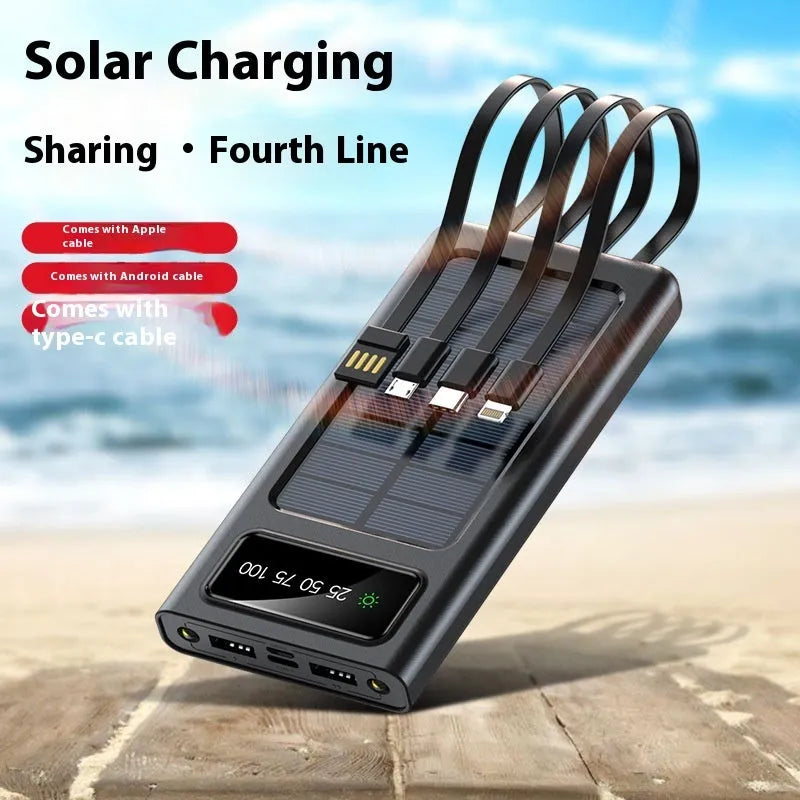 Black and white solar power bank with 20000 mAh capacity and charging cables