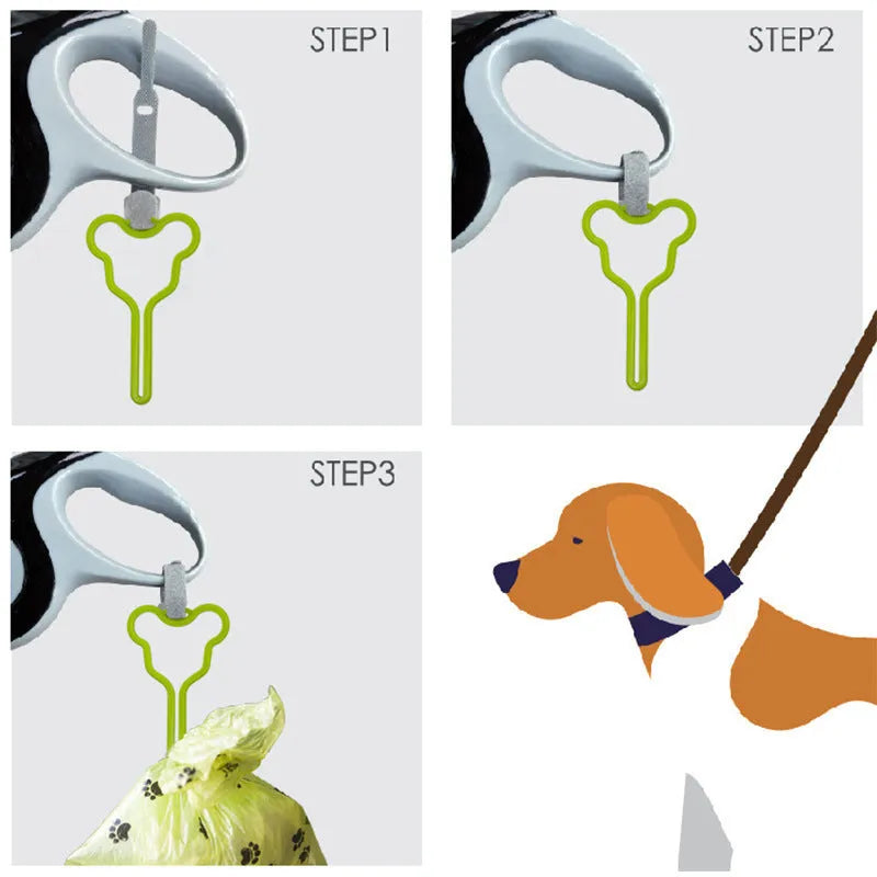 A coloured dog poop bag holder with a Velcro strap attached to a dog lead.