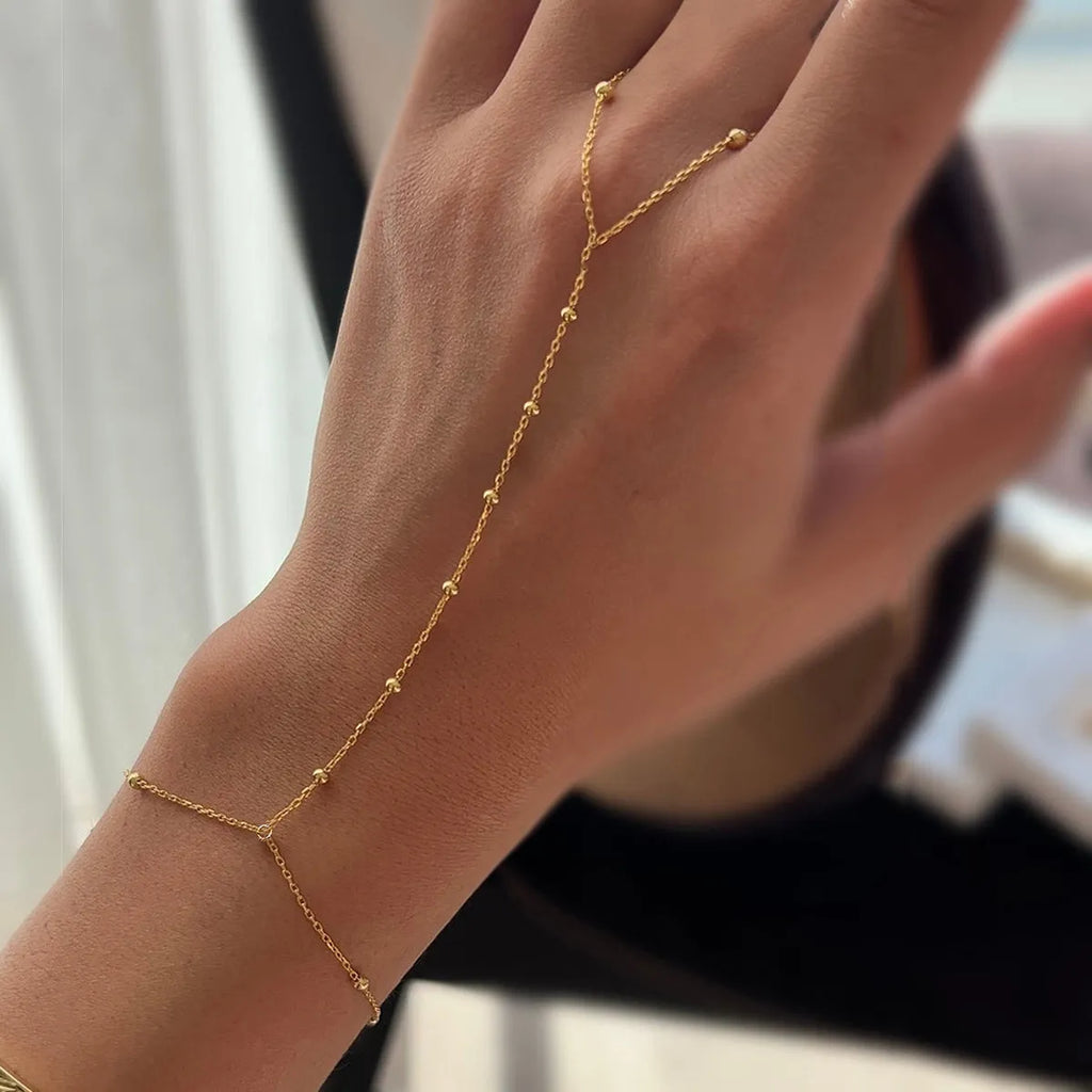 Gold electroplated alloy mitten-type round bead bracelet for women with geometry shape and simple style