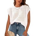 White women's pullover sweater with crochet detail on sleeves, shown on a model.
