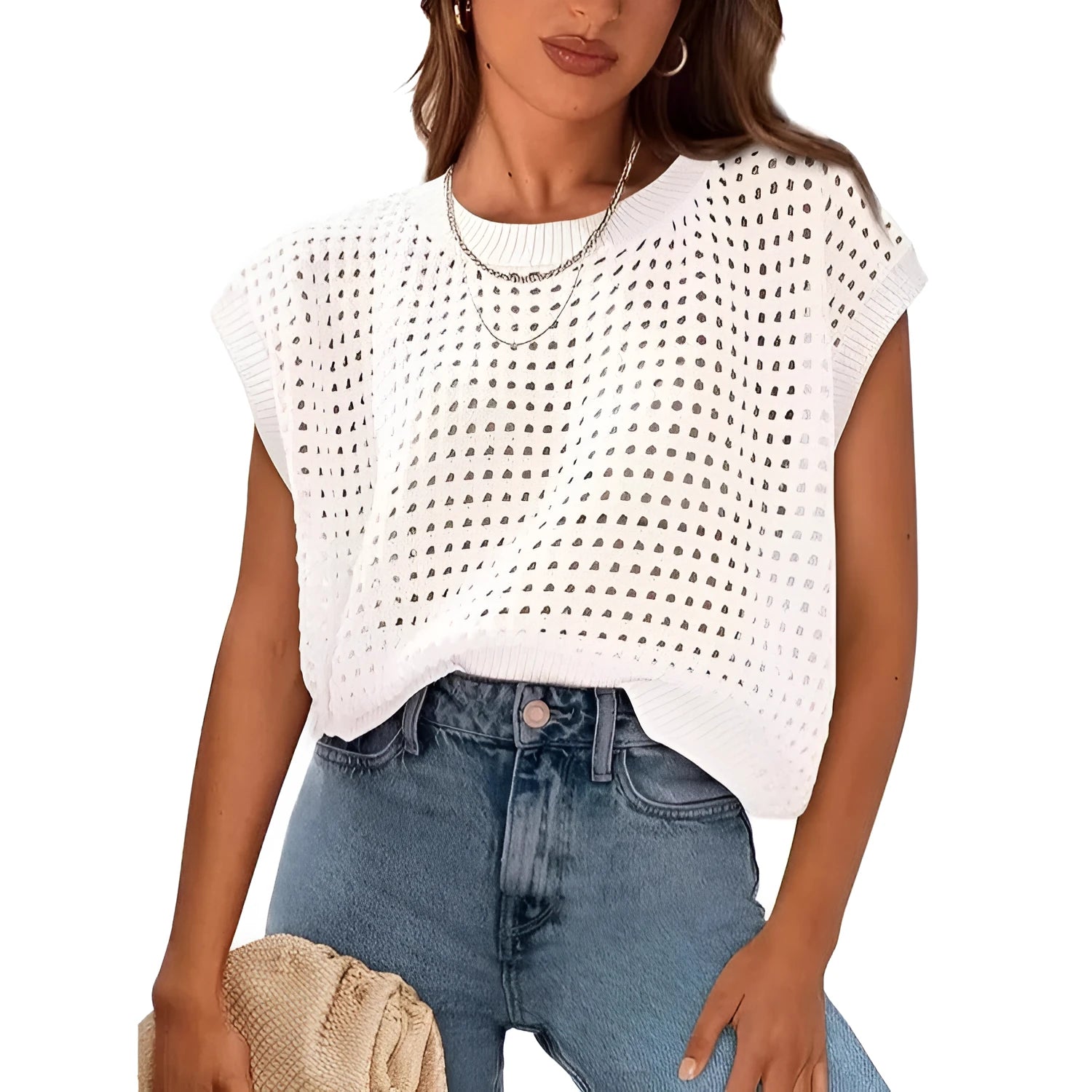 White women's pullover sweater with crochet detail on sleeves, shown on a model.