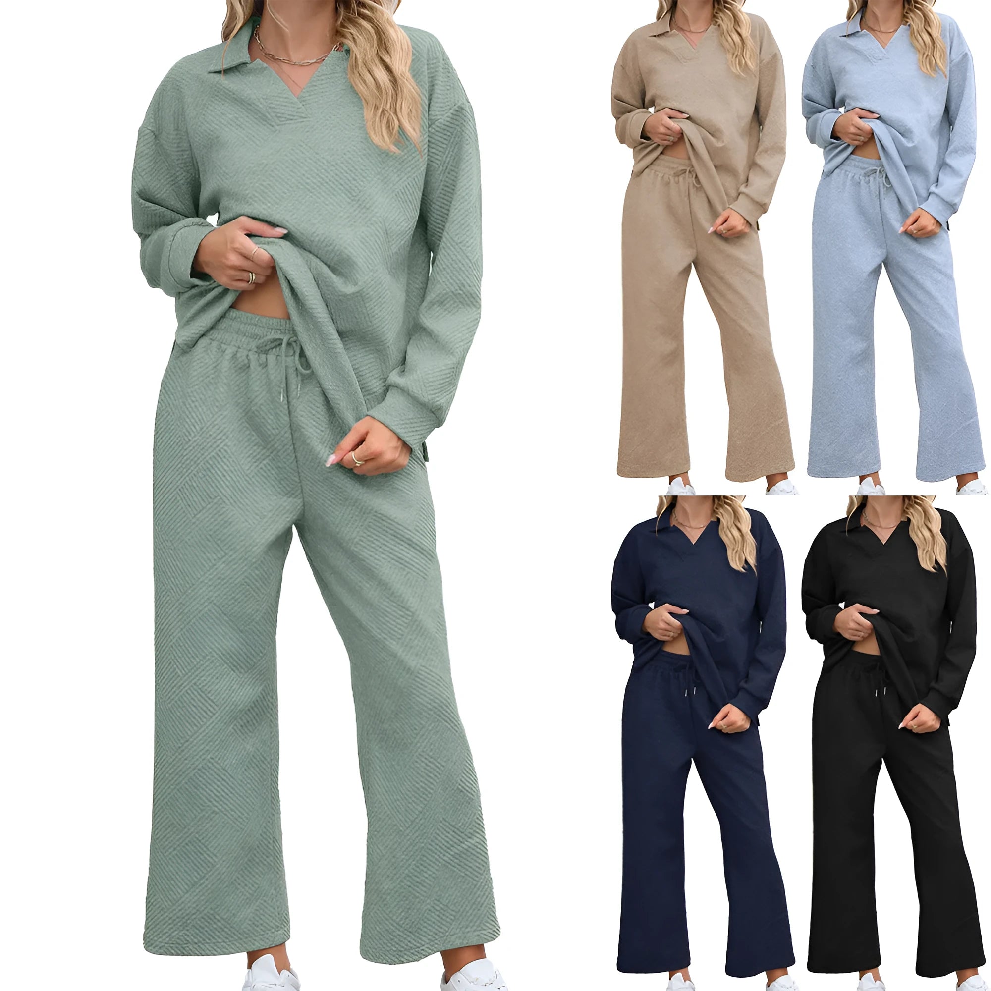 Women's black knitted jacquard suit set with long sleeve top and elastic waist cropped trousers laid flat.