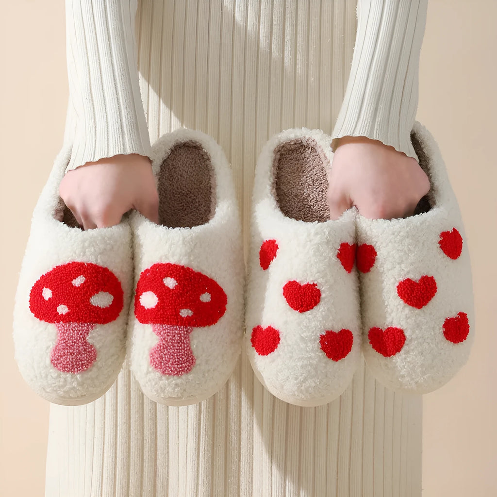 Women's cartoon love style plush home slippers with non-slip PVC soles in Big Love colour.