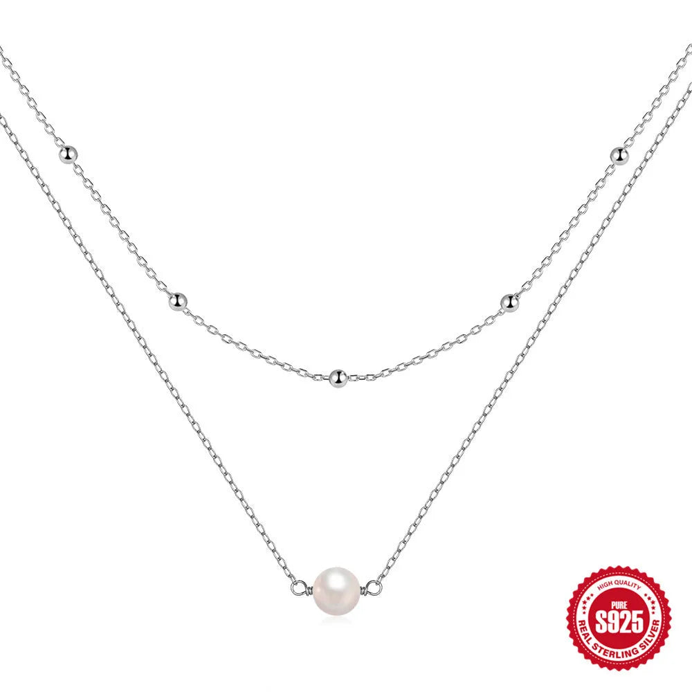 Sterling silver double layer women's necklace with twin pearls and ball bead chain