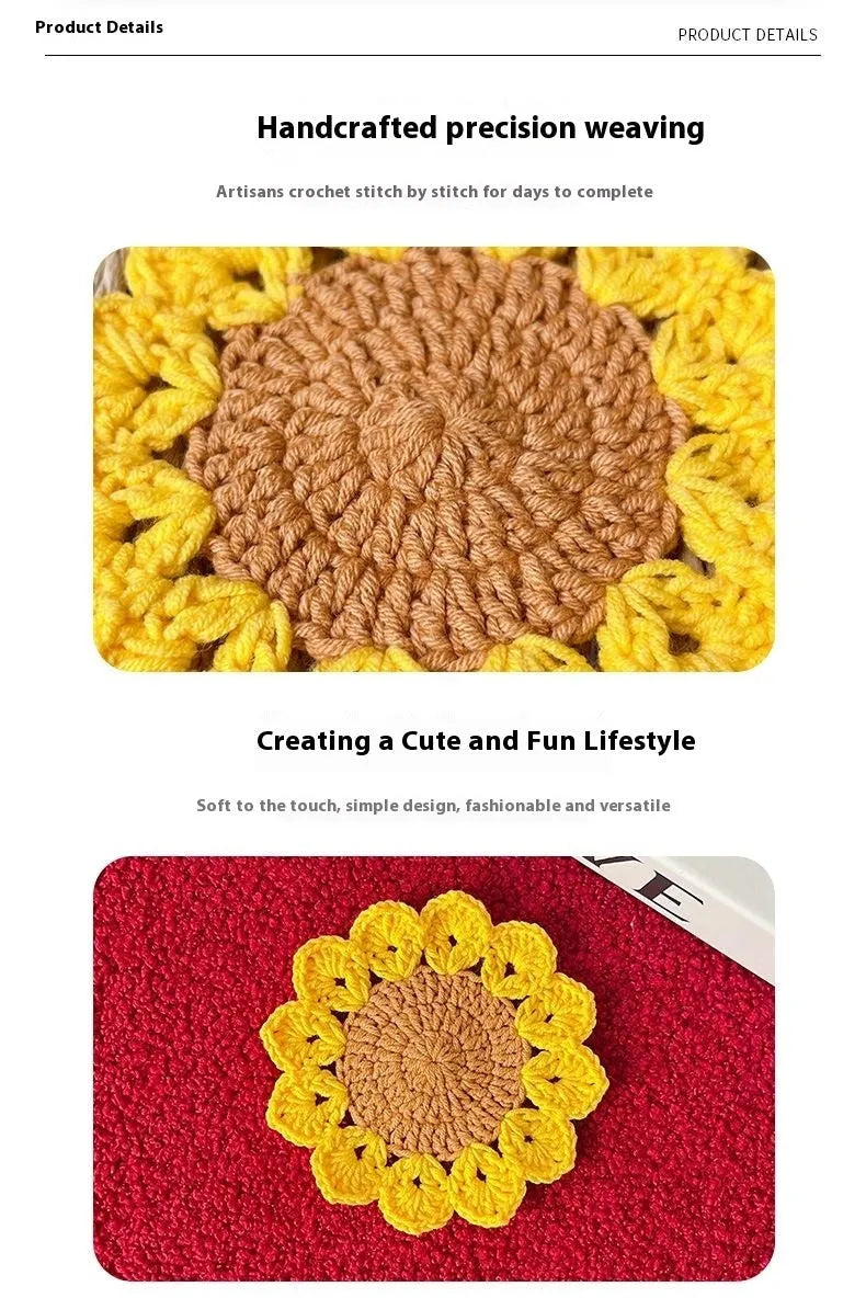 Hand-woven wool coaster with floral pattern on a wooden table.