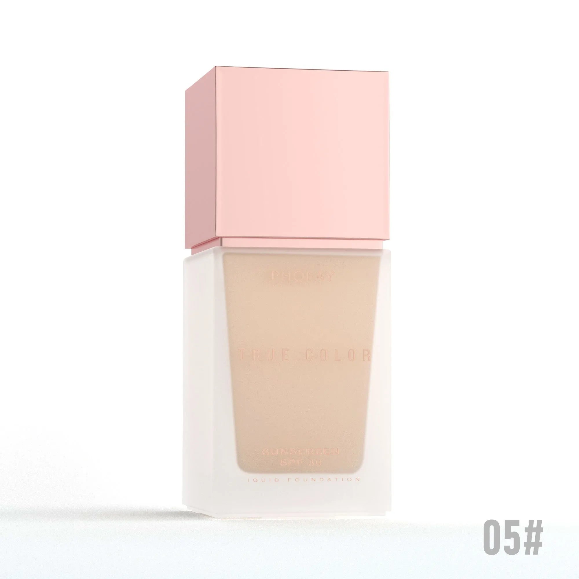 Matte sunscreen liquid foundation SPF 30 bottle with six colour shade options