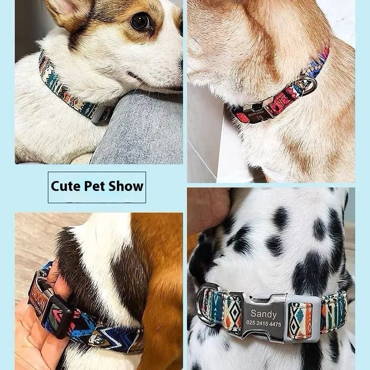 Colourful canvas dog collar with semi-metal buckle in striped floral pattern