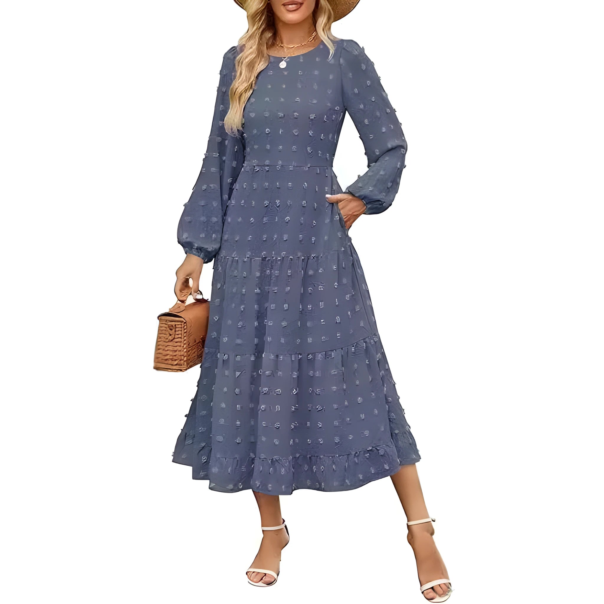Beige long sleeve casual dress with ruffled sleeves and a high waist on a hanger.