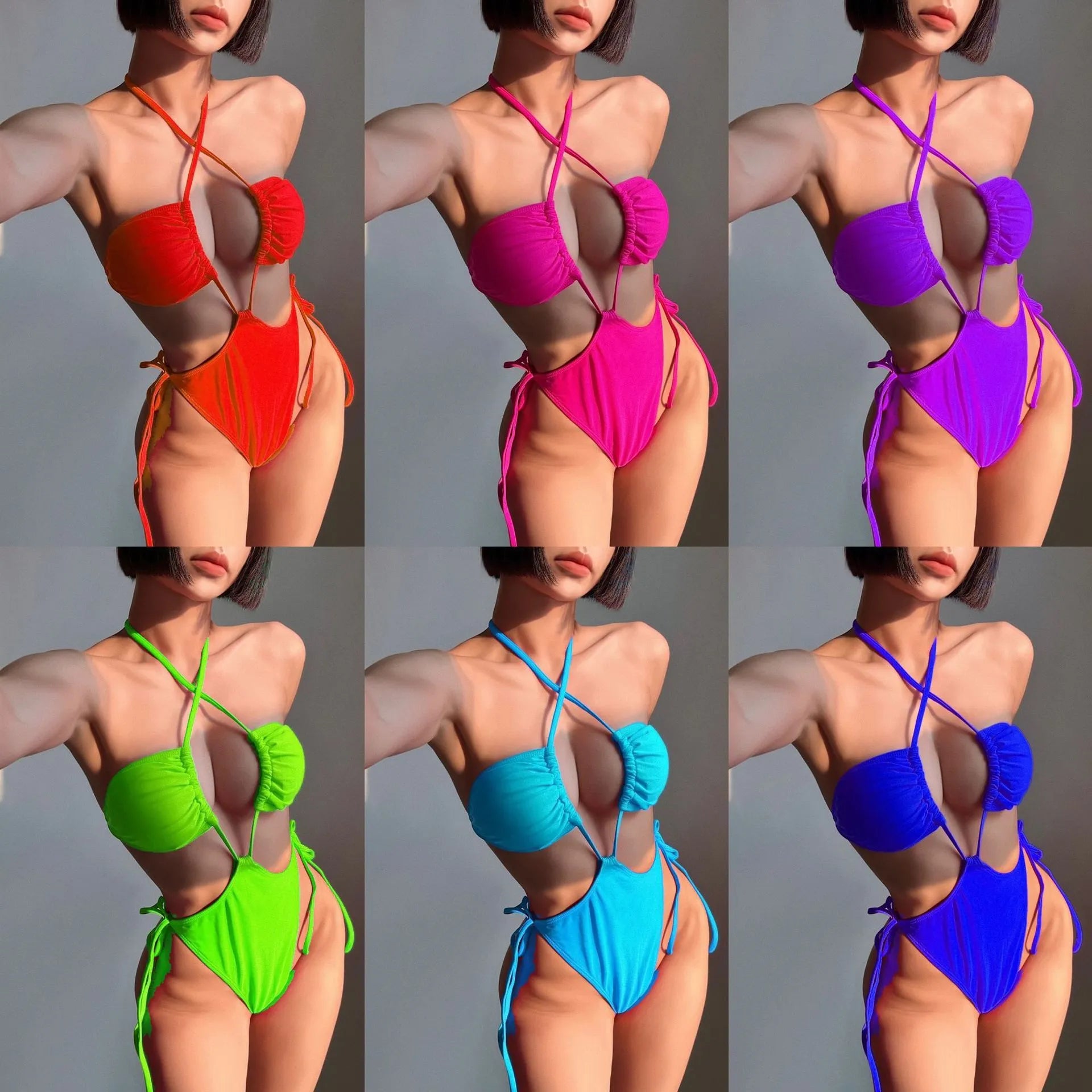 Women's one-piece swimsuit with front drawstring closure in nylon fabric