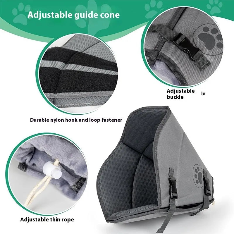 A soft, adjustable polyester pet collar ring shown in a casual style for post-surgery wound protection.