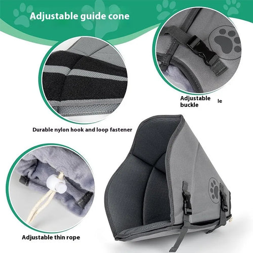A soft, adjustable polyester pet collar ring shown in a casual style for post-surgery wound protection.