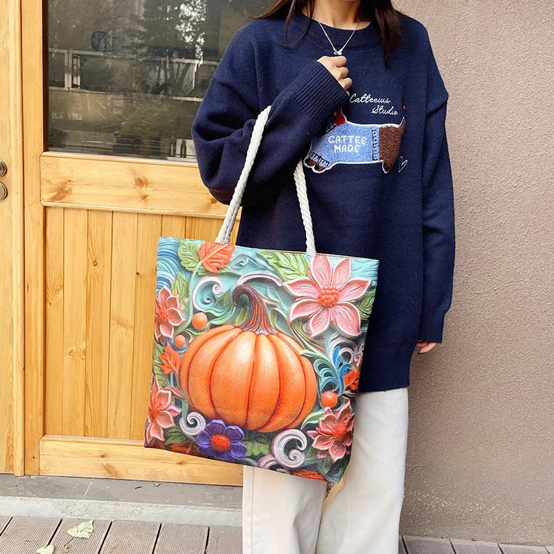 Cotton and linen canvas shoulder bag with double straps showing open pocket and zippered compartments