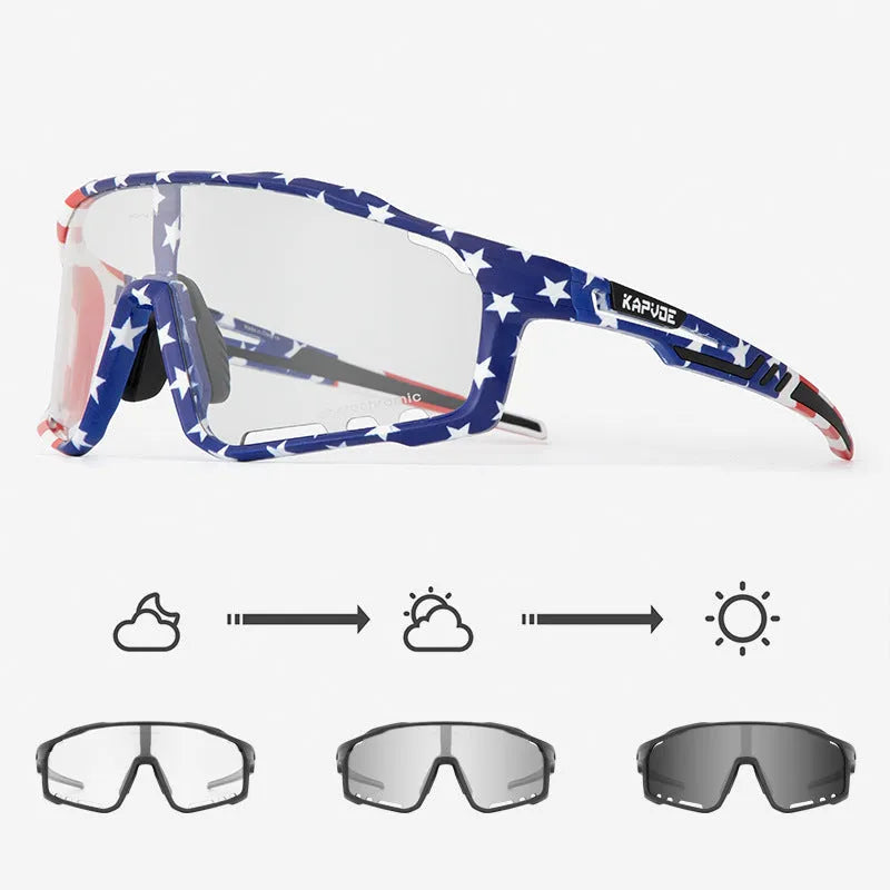 Photochromic cycling sunglasses with a semi-rimless TR90 frame shown in one of fourteen available colours.