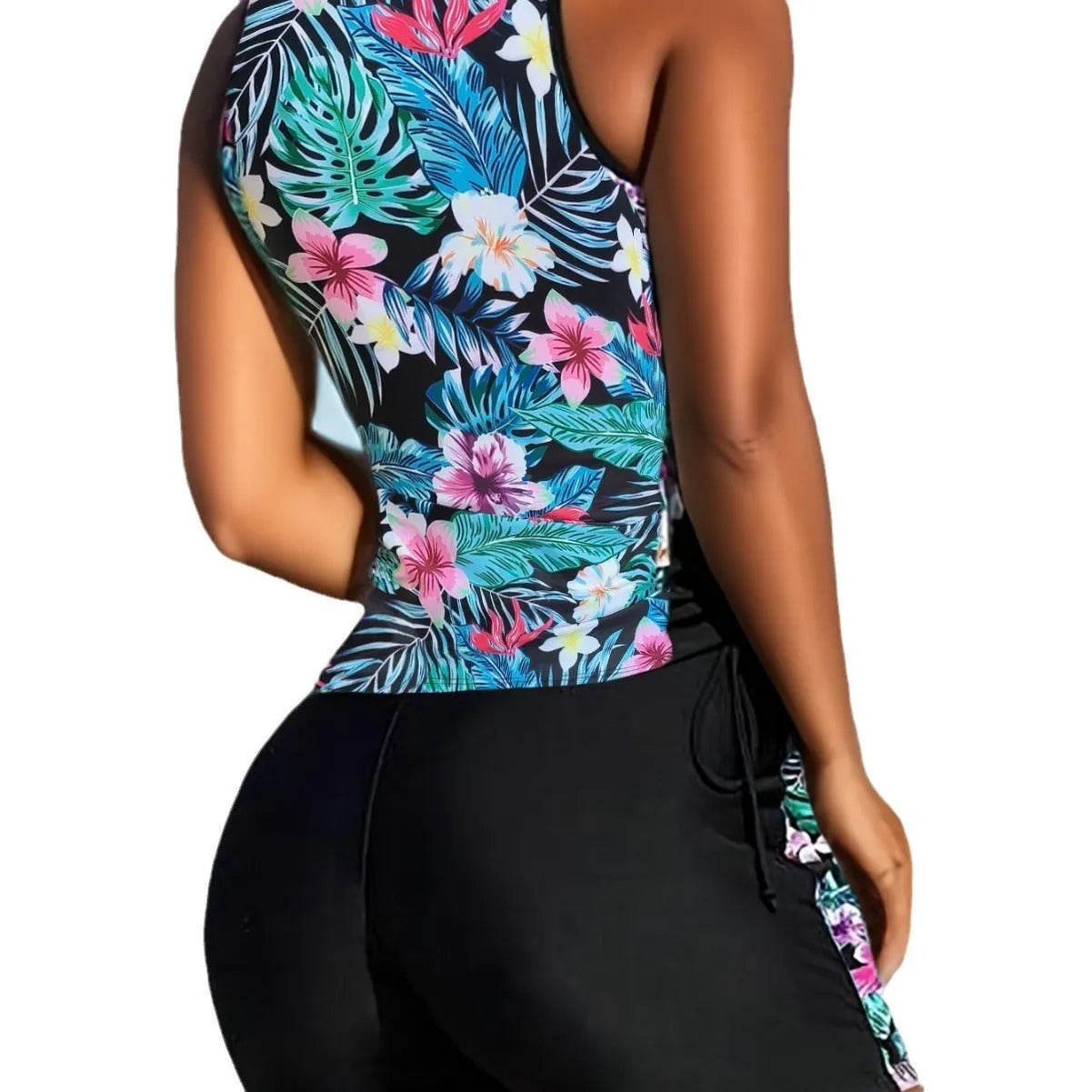 Plus size women's high waist floral print bikini swimsuit in navy blue colour