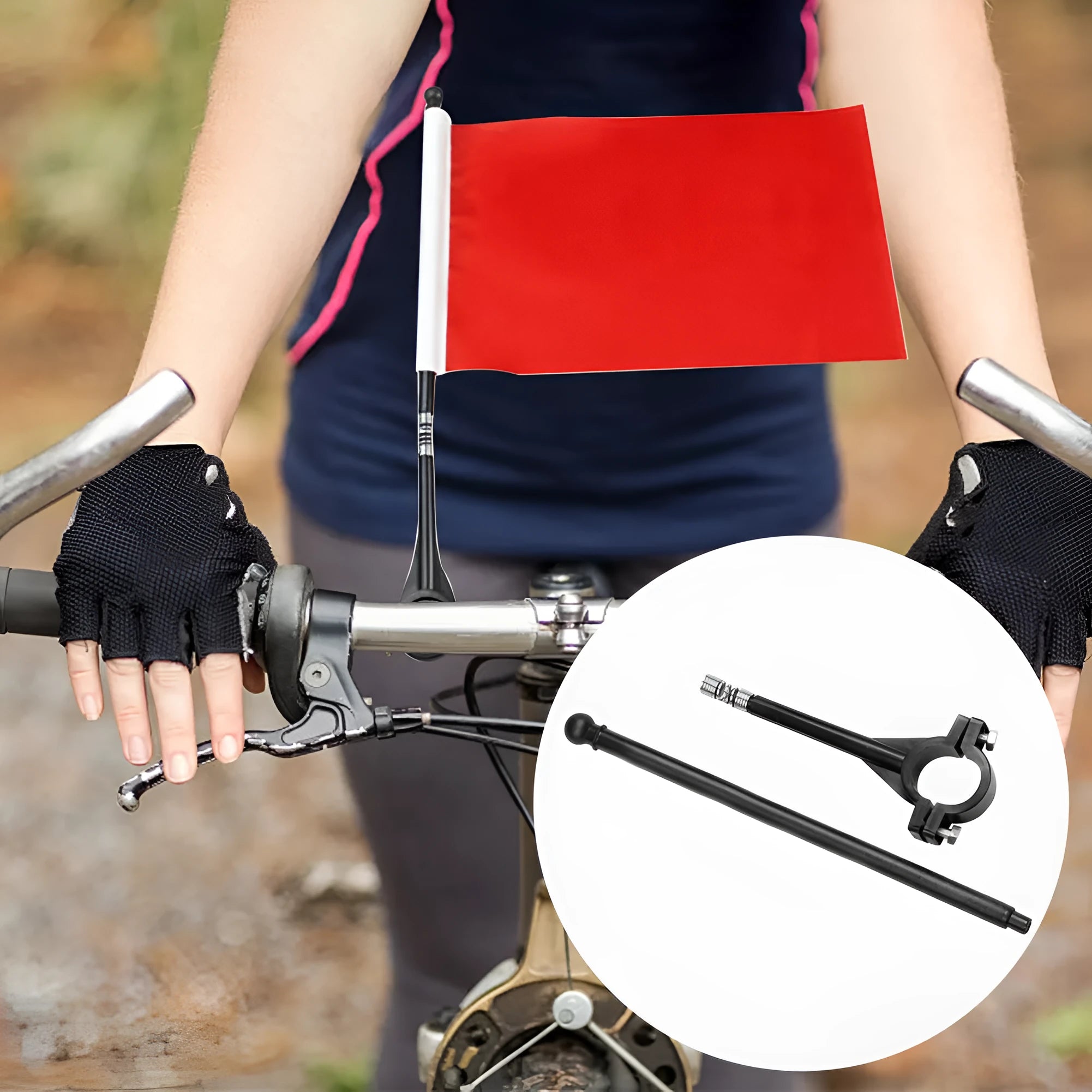 Cycling handlebar flag pole with square polyester fabric flag attached for bicycle promotions