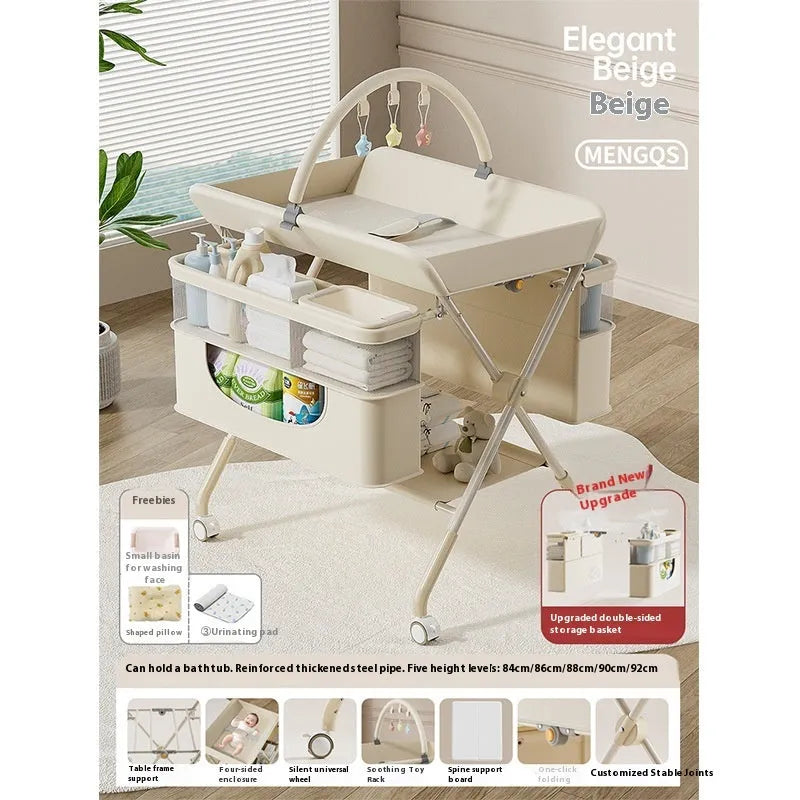 Baby care foldable multifunctional diaper-changing table with safety belt and storage baskets in beige top configuration