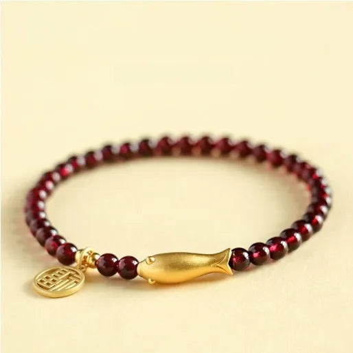 Women's Chinese-style gourd bracelet with imitation garnet beads and electroplated finish