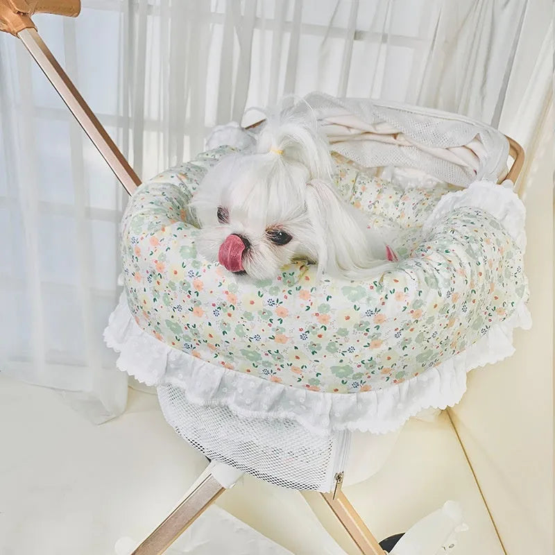 Pure cotton pet stroller towel cushion pillow set in floral and plaid patterns